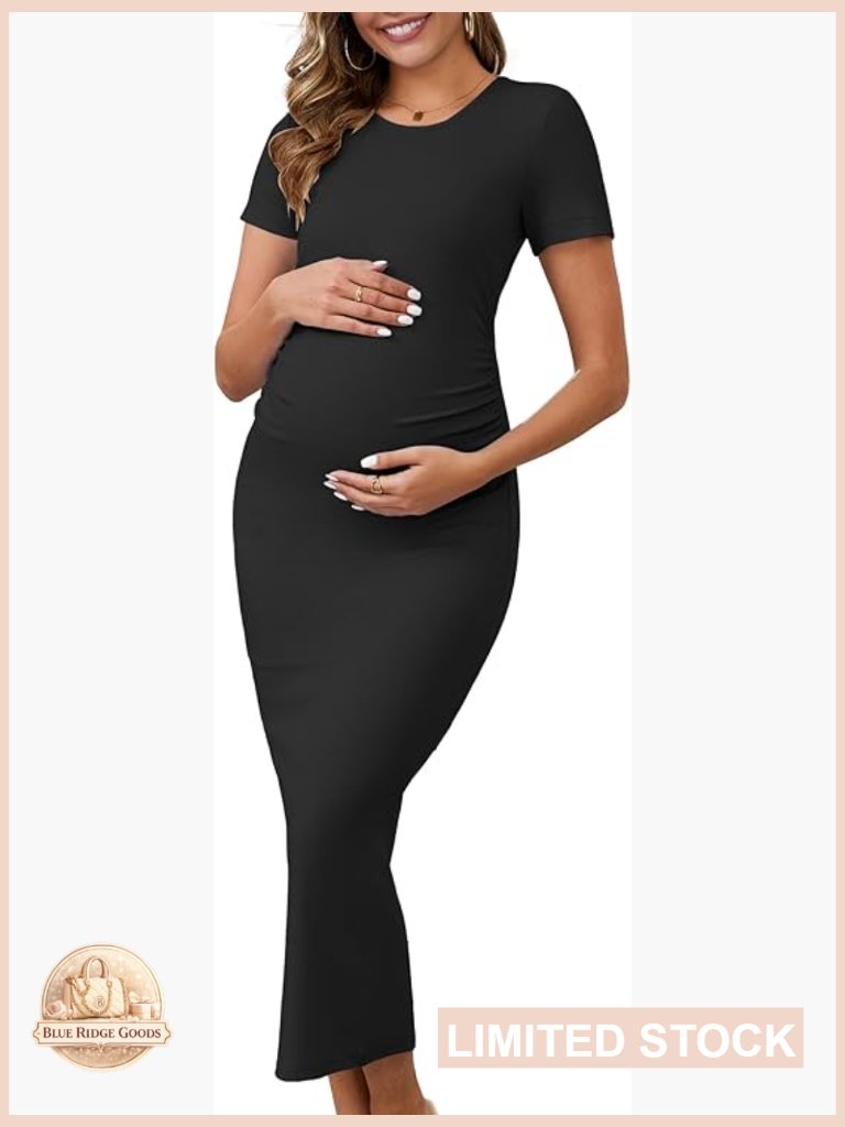 Maternity Ribbed Bodycon Midi Dress Ruched Photoshoot Guest Wedding